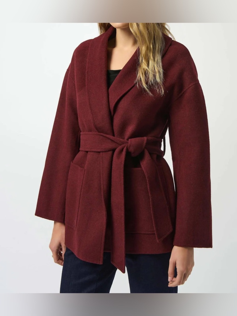 NEW Joseph Ribkoff Merlot Wrap Kimono Belted Coat With Shawl Collar Style